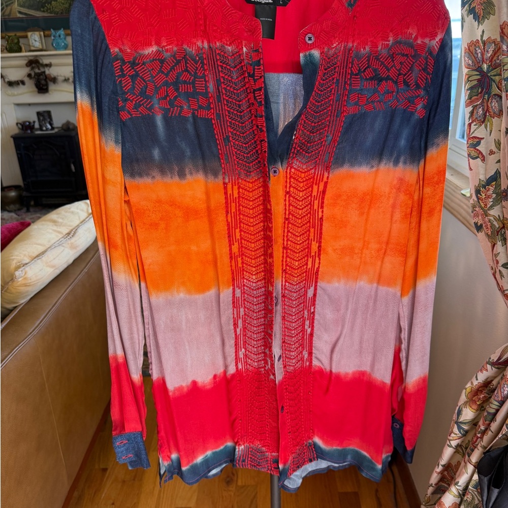Desigual Red and Orange Tie-Dye Style Embroidered Beaded Blouse - Picture 5 of 7